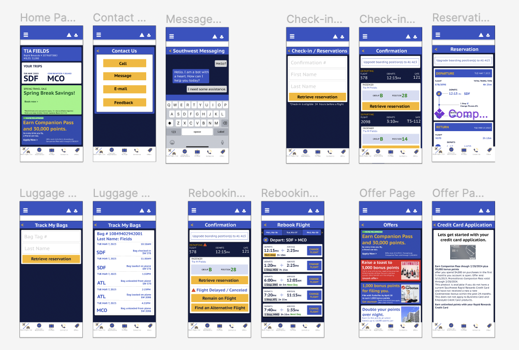 Figma wireframes for the southwest app.